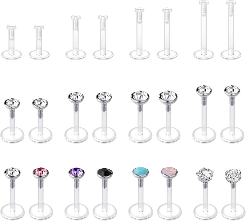JFORYOU 16G 24Pcs Clear Lip Labret Medusa Piercing Studs Jewelry Flat Plastic Back Lip Rings Retainer Push Fit Bioflex Piercing for Monroe Ashelry Tragus Helix 6mm 8mm 10mm 12mm for Work - Image 1